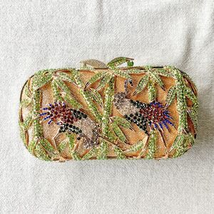 Rhinestone Encrusted Magnetic Lock Clutch Evening Bag - Bamboo & Crane Motif